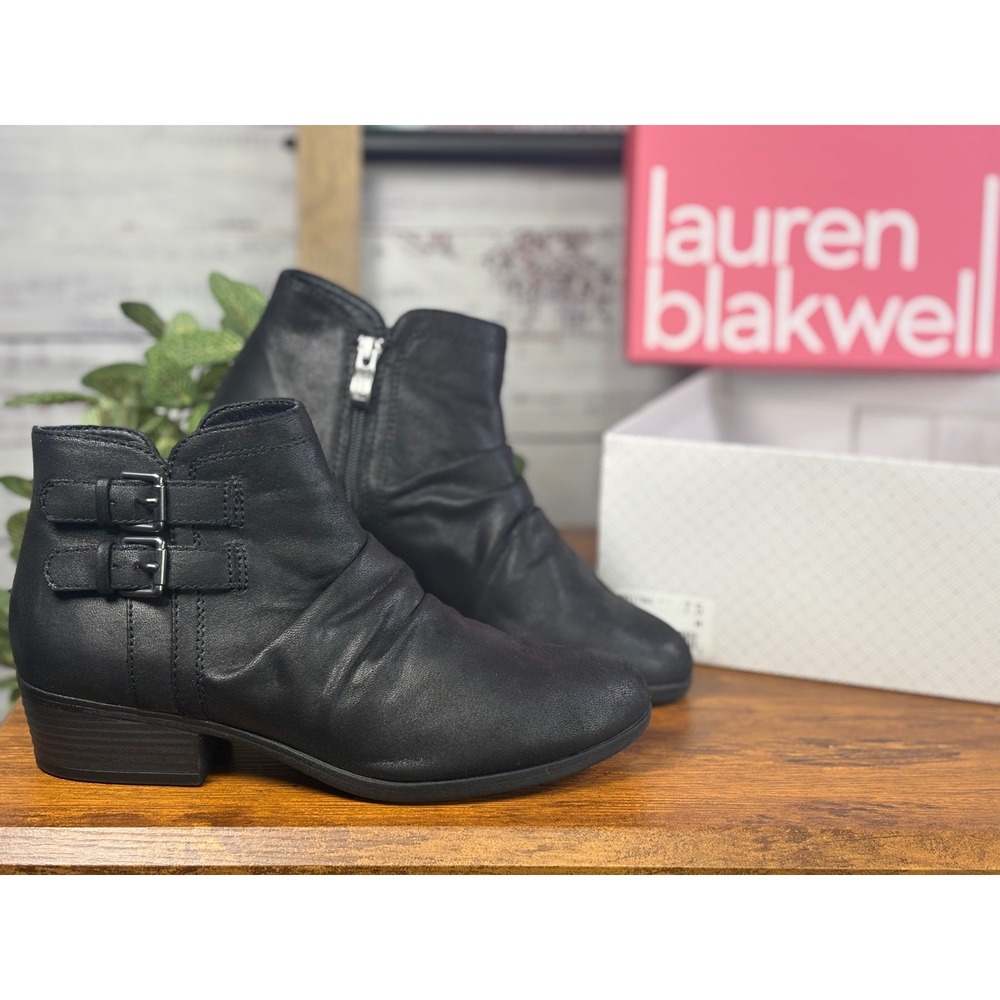 Lauren Blakwell Lyla Black Ruched Buckle Ankle Boots Womens 7.5 Low Block Heel - Picture 2 of 9